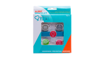 Medical alert band in box with asthma, carries epinephrine, tree nut, and peanut allergy alert charms.