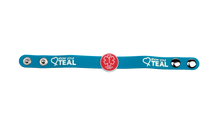 Medical Alert band in teal with red and white medical alert symbol in the middle