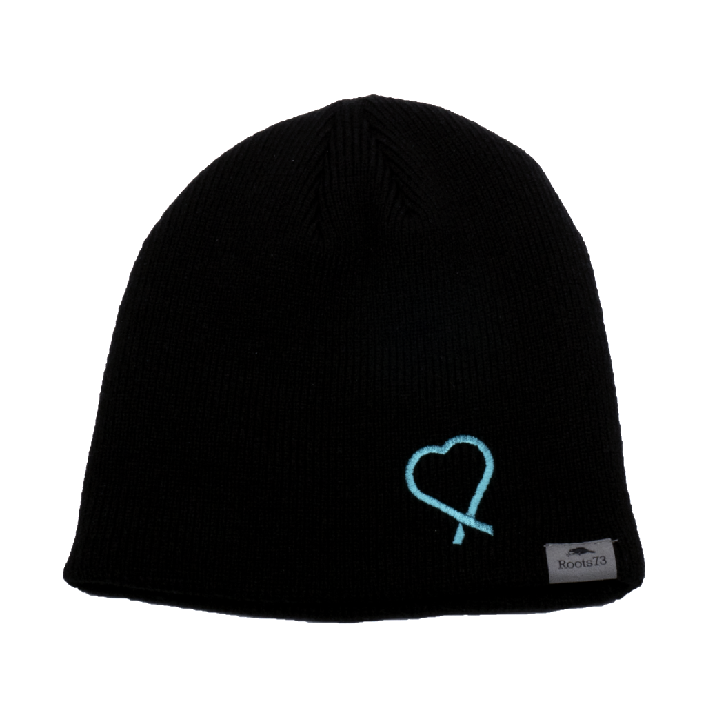 beanie by Roots sporting the Show Your Teal heart to raise awareness of food allergies