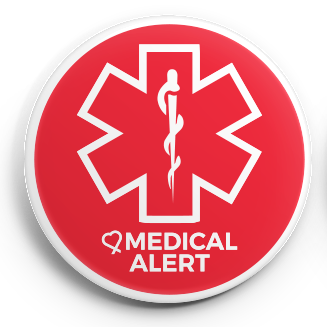 Medical Alert Button in bright red and white. It can be used to warn others of a medical issue or possible medical issue
