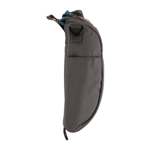 Side exterior of gray insulated medical bag showing the exterior pocket. 