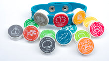 Medical Alert Band and alert icons that connect to the alert bracelet to prevent exposure and warn of medical issues.