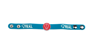 Medical Alert band in teal with red and white medical alert symbol in the middle